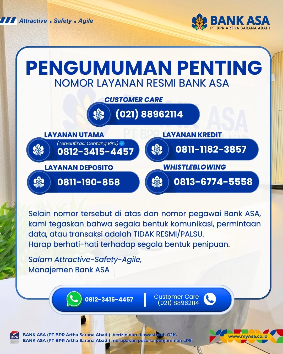 Pengumuman Penting Nomor Layanan resmi Bank ASA